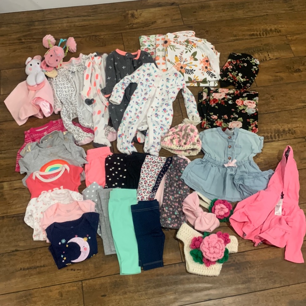 Newborn baby girl lot of 35 items good used condition clothes and accessories